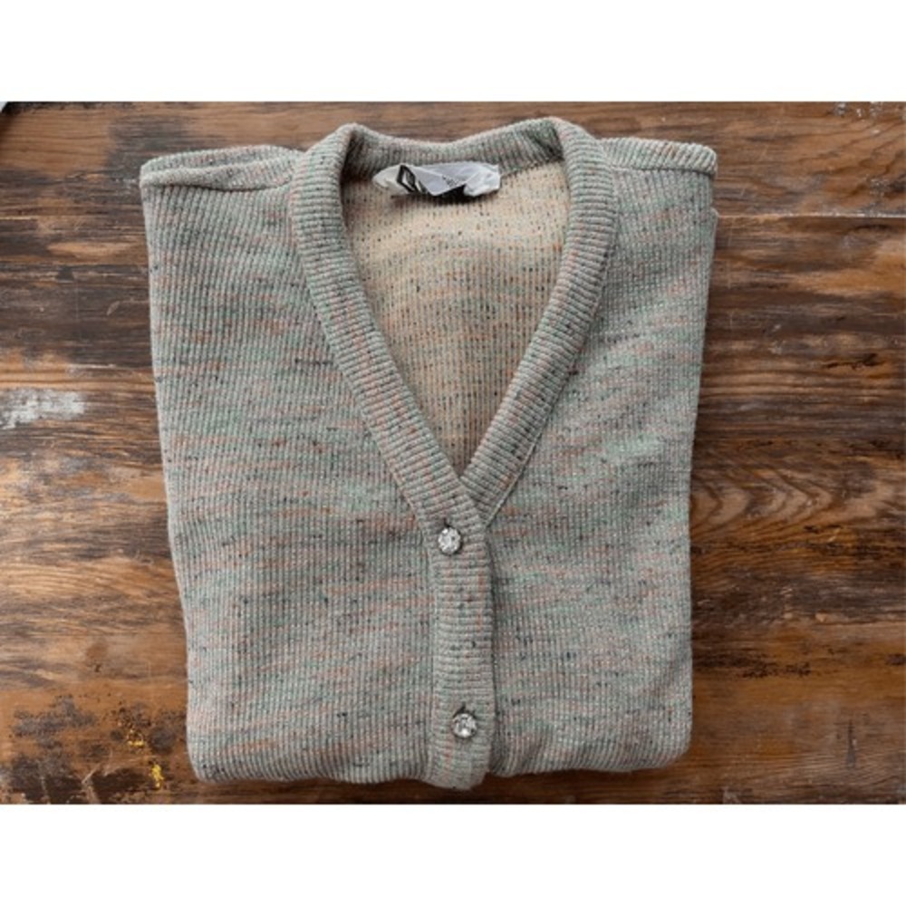 T3‎ Susan Thomas Cardigan Space Dye Rhinestone Button Vintage Metallic Sweater
